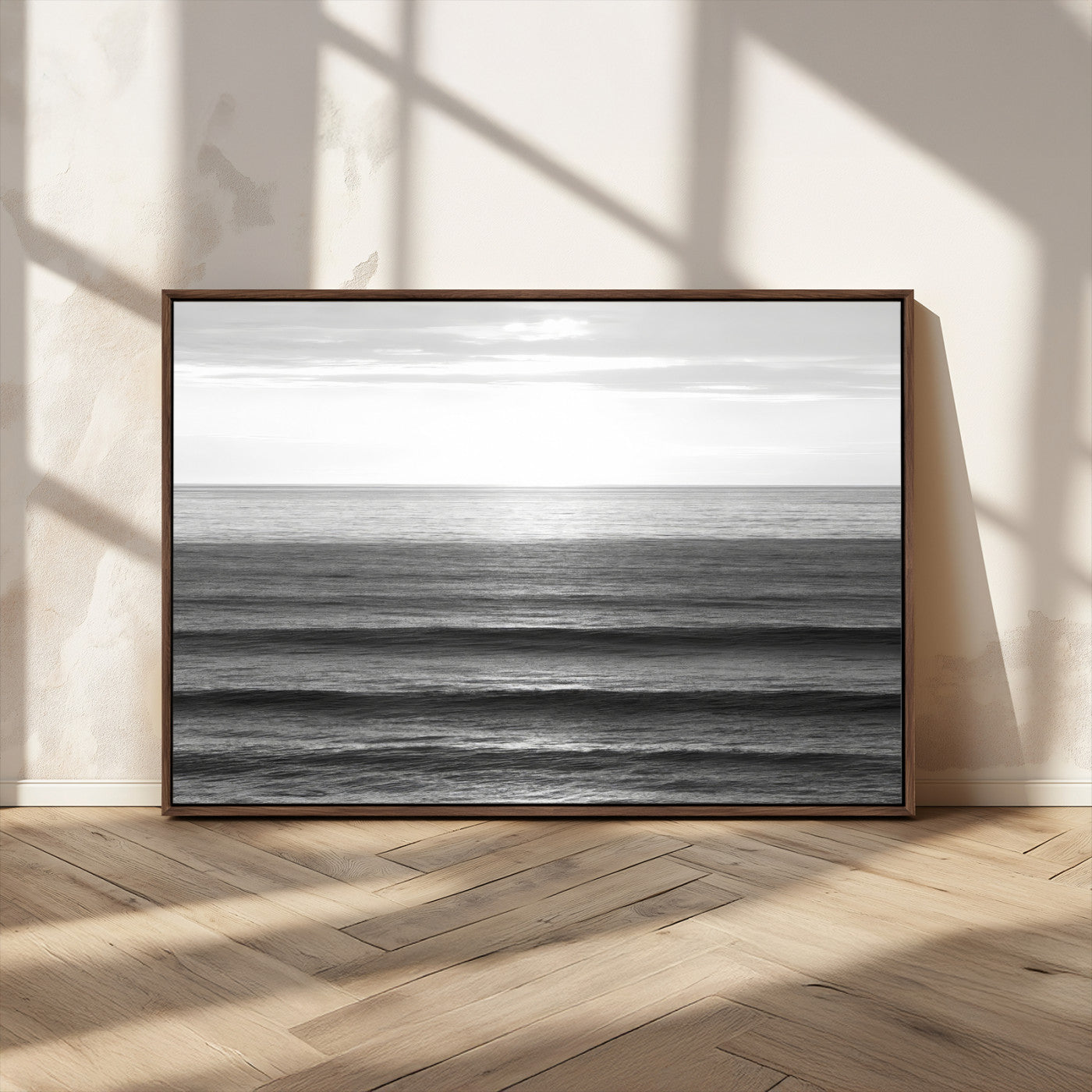 47305203-MGV-FC-36X24_Walnut-Monochrome Ocean Wall Art Canvas Print, Framed Moody Ocean Art Picture Print, Calm Ocean Perfect Minimalist Coastal Decor Artwork