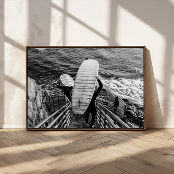 32353707-MGV-FC-36X24_Walnut-Black White Surfing Wall Art Canvas Print, Framed Coastal Surfing Art Picture Print, Wave Riders Perfect Coastal Adventure Decor