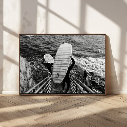 32353707-MGV-FC-36X24_Walnut-Black White Surfing Wall Art Canvas Print, Framed Coastal Surfing Art Picture Print, Wave Riders Perfect Coastal Adventure Decor