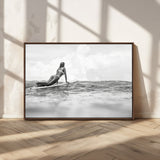 69798068-MGV-CV-36X24-Black White Surfing Wall Art Canvas Print, Framed Ocean Horizon Art Picture Print, Surfer Girl Perfect Coastal Adventure Decor
