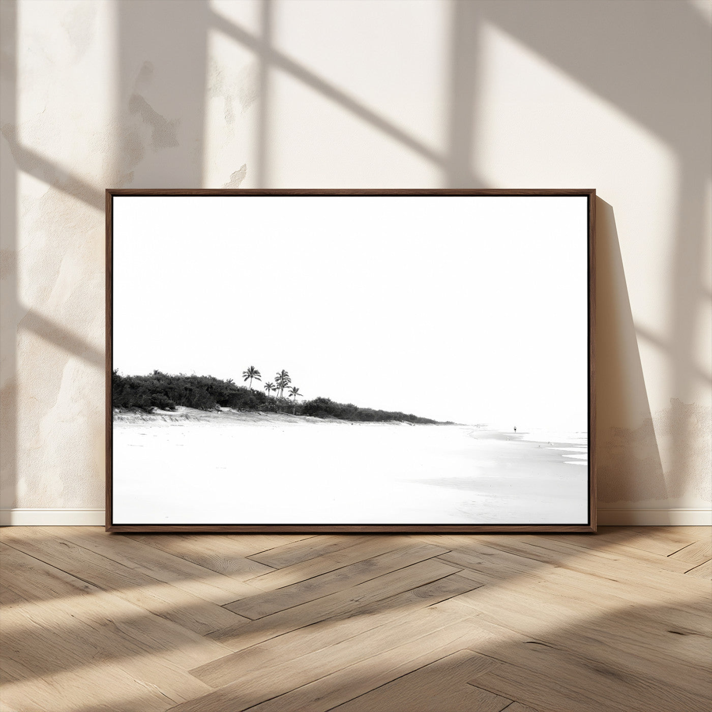 29611516-MGV-CV-36X24-Black White Beach Wall Art Canvas Print, Framed Palm Trees Art Picture Print, Monochrome Tropical Perfect Minimalist Coastal Decor
