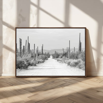 35537313-MGV-CV-36X24-Monochrome Desert Wall Art Canvas Print, Framed Cactus Path Art Picture Print, Southwestern Landscape Perfect Southwestern