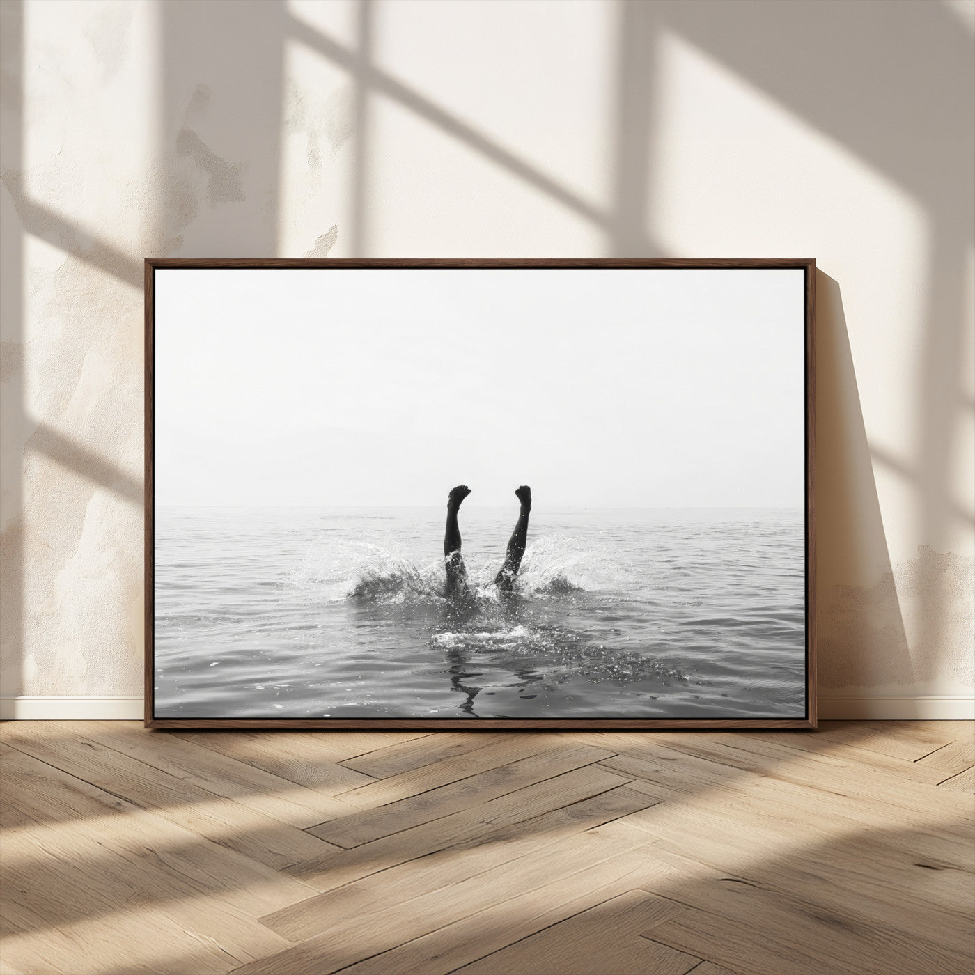 26667396-MGV-FC-36X24_Walnut-Black White Ocean Wall Art Canvas Print, Framed Monochrome Water Art Picture Print, Diving into Water Perfect Minimalist Aquatic