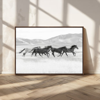 69934913-MGV-CV-36X24-Wild Horses Running Wall Art Canvas Print, Framed Black White Mustangs Art Picture Print, Rustic Western Perfect Rustic Western