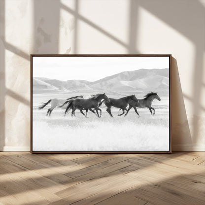 69934913-MGV-CV-36X24-Wild Horses Running Wall Art Canvas Print, Framed Black White Mustangs Art Picture Print, Rustic Western Perfect Rustic Western
