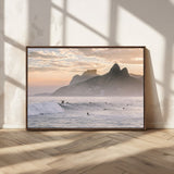 70644906-MGV-CV-36X24-Sunset Surfing Wall Art Canvas Print, Framed Misty Mountains Art Picture Print, Surfer Riding Wave Perfect Coastal Adventure Decor