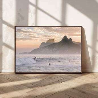 70644906-MGV-CV-36X24-Sunset Surfing Wall Art Canvas Print, Framed Misty Mountains Art Picture Print, Surfer Riding Wave Perfect Coastal Adventure Decor
