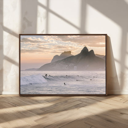 70644906-MGV-CV-36X24-Sunset Surfing Wall Art Canvas Print, Framed Misty Mountains Art Picture Print, Surfer Riding Wave Perfect Coastal Adventure Decor