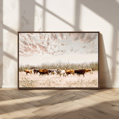 64892775-MGV-CV-36X24-Longhorn Cattle Wall Art Canvas Print, Framed Texas Ranch Art Picture Print, Western Cow Perfect Western Decor Artwork