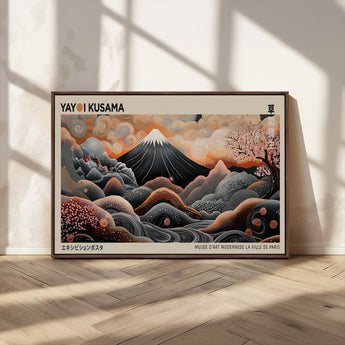 55739266-MGV-CV-36X24-Japanese Wall Art Print – Abstract Yayoi Kusama Inspired Dotted Landscape Poster, Surreal Oriental Mountain and Cherry Blossom