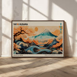 22373530-MGV-FC-36X24_Walnut-Japanese Mt Fuji Wave Art Print – Ukiyo e Inspired Sun & Cherry Blossom Poster, Traditional Asian Landscape Painting, Modern