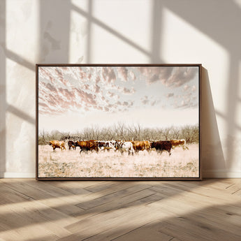 57389417-MGV-CV-36X24-Cow Herd Photography Wall Art Canvas Print, Framed Rustic Farmhouse Decor Art Picture Print, Western Ranch Style Perfect Rustic