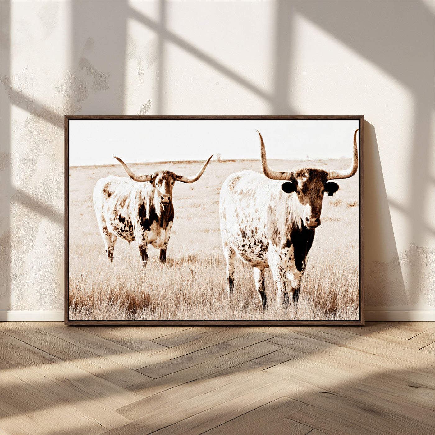 39672786-MGV-CV-36X24-Rustic Cow Scene Wall Art Canvas Print, Framed Farmhouse Style Cattle Art Picture Print, Prairie Animal Duo Perfect Rustic Western