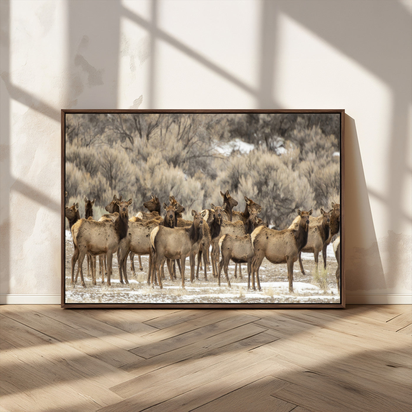 90269422-MGV-CV-36X24-Elk Herd Scene Wall Art Canvas Print, Framed Rustic Wildlife Decor Art Picture Print, Western Cabin Style Perfect Rustic Lodge