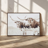 48161868-MGV-FC-36X24_Walnut-Longhorn Cow Decor Wall Art Canvas Print, Framed Rustic Cattle Art Picture Print, Sepia Western Vibe Perfect Neutral Rustic