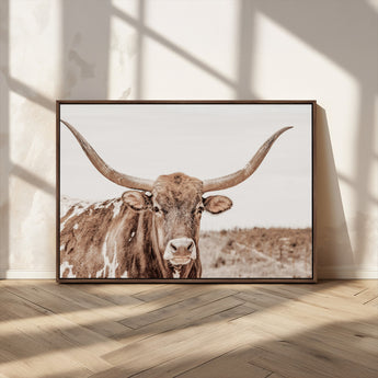 77810049-MGV-CV-36X24-Longhorn Bull Photo Wall Art Canvas Print, Framed Rustic Cow Decor Art Picture Print, Neutral Farmhouse Style Perfect Rustic