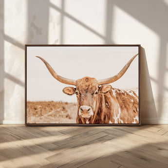 74406977-MGV-FC-36X24_Walnut-Longhorn Bull Decor Wall Art Canvas Print, Framed Western Cow Theme Art Picture Print, Rustic Farmhouse Wall Perfect Neutral
