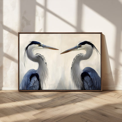 18230556-MGV-FC-36X24_Walnut-Blue Heron Pair Wall Art Canvas Print, Framed Coastal Bird Theme Art Picture Print, Tranquil Wildlife Scene Perfect Coastal
