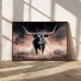 71457818-MGV-CV-36X24-Longhorn Wall Art Wall Art Canvas Print, Framed Western Bull Canvas Art Picture Print, Rustic Cow Decor Perfect Western Dramatic