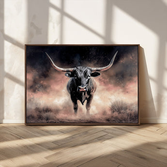 71457818-MGV-CV-36X24-Longhorn Wall Art Wall Art Canvas Print, Framed Western Bull Canvas Art Picture Print, Rustic Cow Decor Perfect Western Dramatic