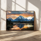 14130176-MGV-CV-36X24-Mountain Sunset Wall Art Canvas Print, Framed Alpine Wilderness Art Picture Print, Golden Hour Perfect Rustic Wilderness Decor