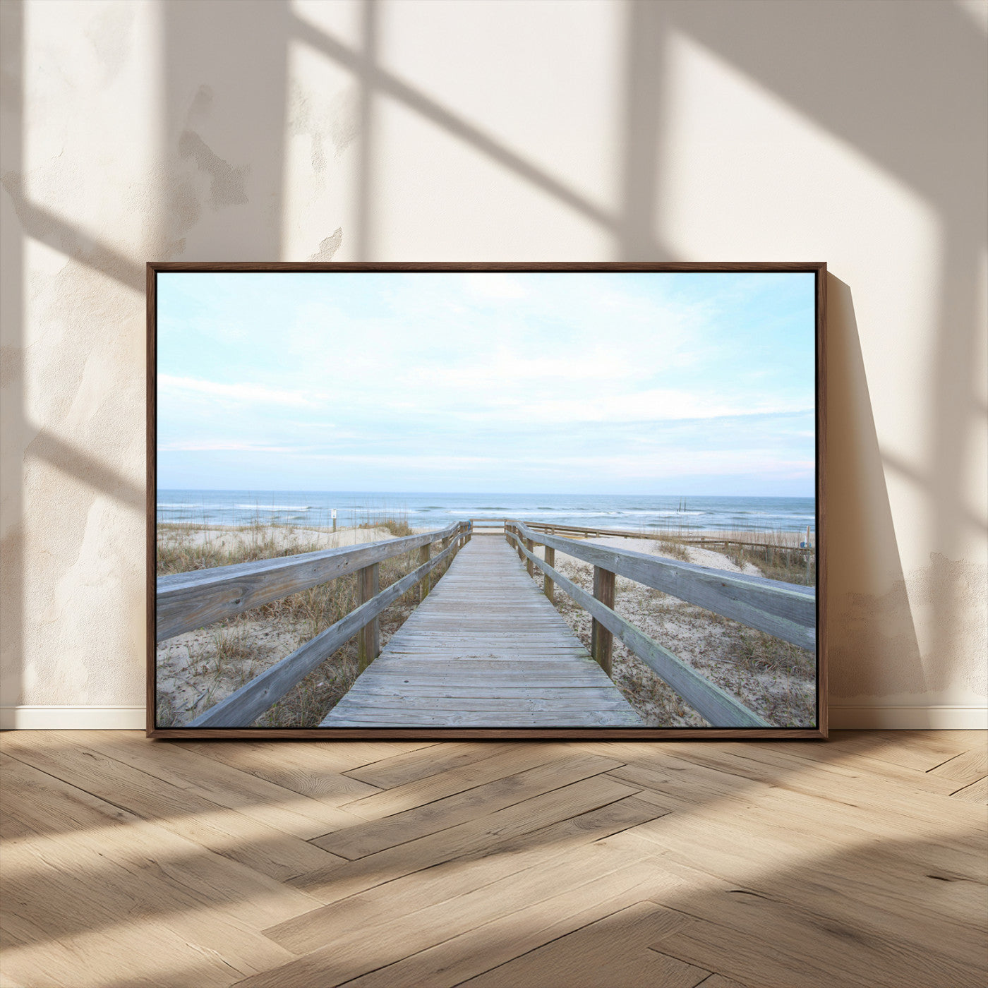 31602988-MGV-CV-36X24-Beach Boardwalk Wall Art Canvas Print, Framed Coastal Serenity Art Picture Print, Ocean View Perfect Coastal Minimalist Decor