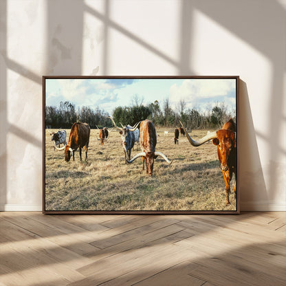 39144651-MGV-CV-36X24-Texas Longhorns Wall Art Canvas Print, Framed Rustic Farm Scene Art Picture Print, Western Cattle Perfect Rustic Farmhouse Decor