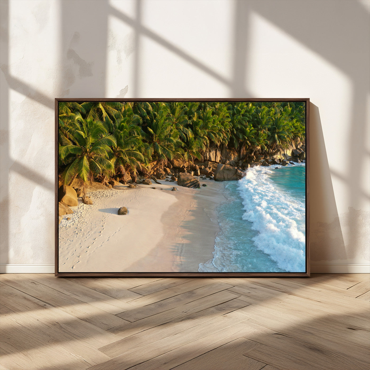 82312665-MGV-CV-36X24-Tropical Beach Wall Art Canvas Print, Framed Ocean Waves Art Picture Print, Palm Trees Perfect Coastal Minimalist Decor Artwork