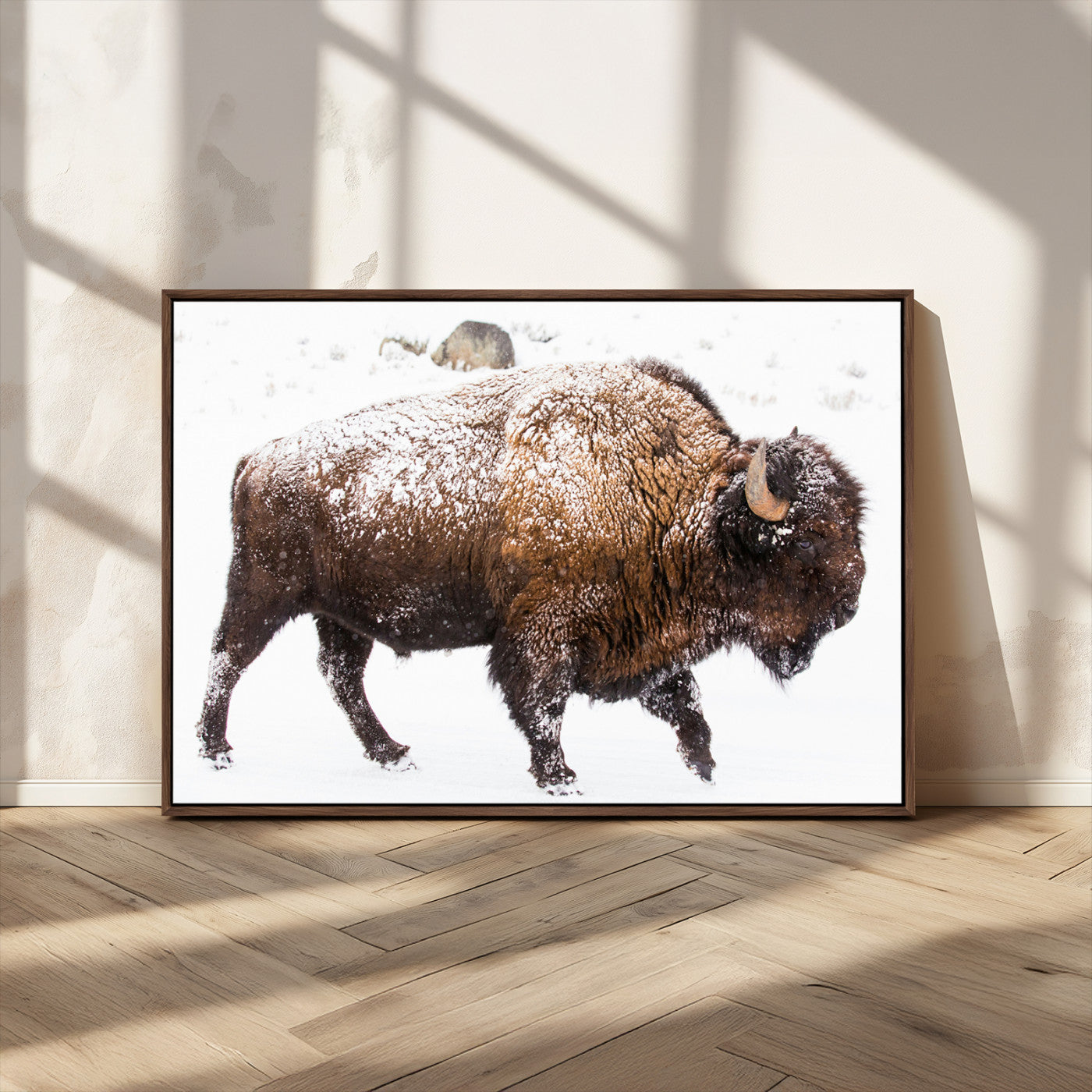 94261165-MGV-CV-36X24-Snowy Buffalo Wall Art Canvas Print, Framed Wildlife Photography Art Picture Print, Brown Tones Perfect Rustic Lodge Decor Decor