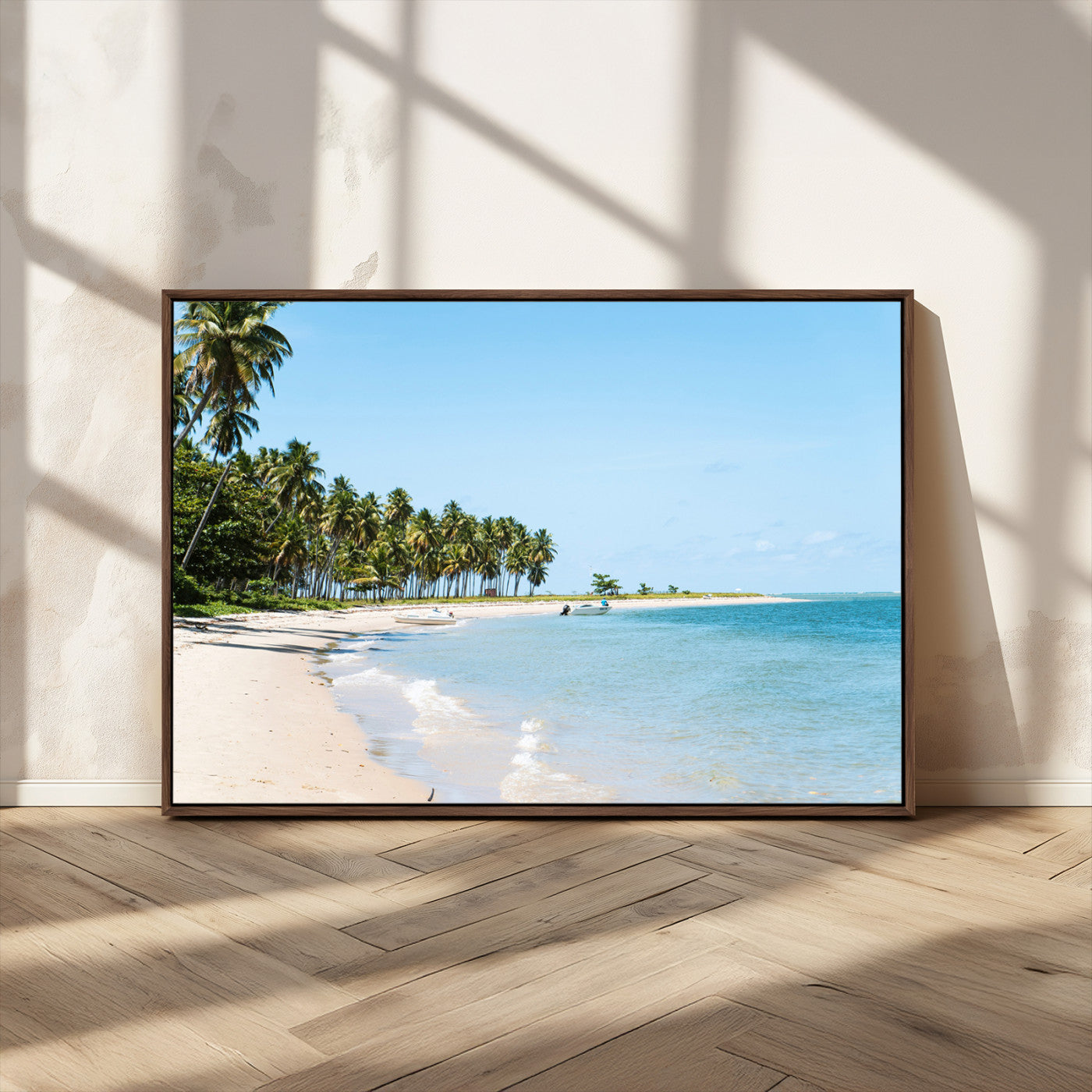 37858872-MGV-FC-36X24_Walnut-Palm Tree Coast Wall Art Canvas Print, Framed Island Getaway Art Picture Print, Crystal Blue Water Perfect Tropical Coastal Decor
