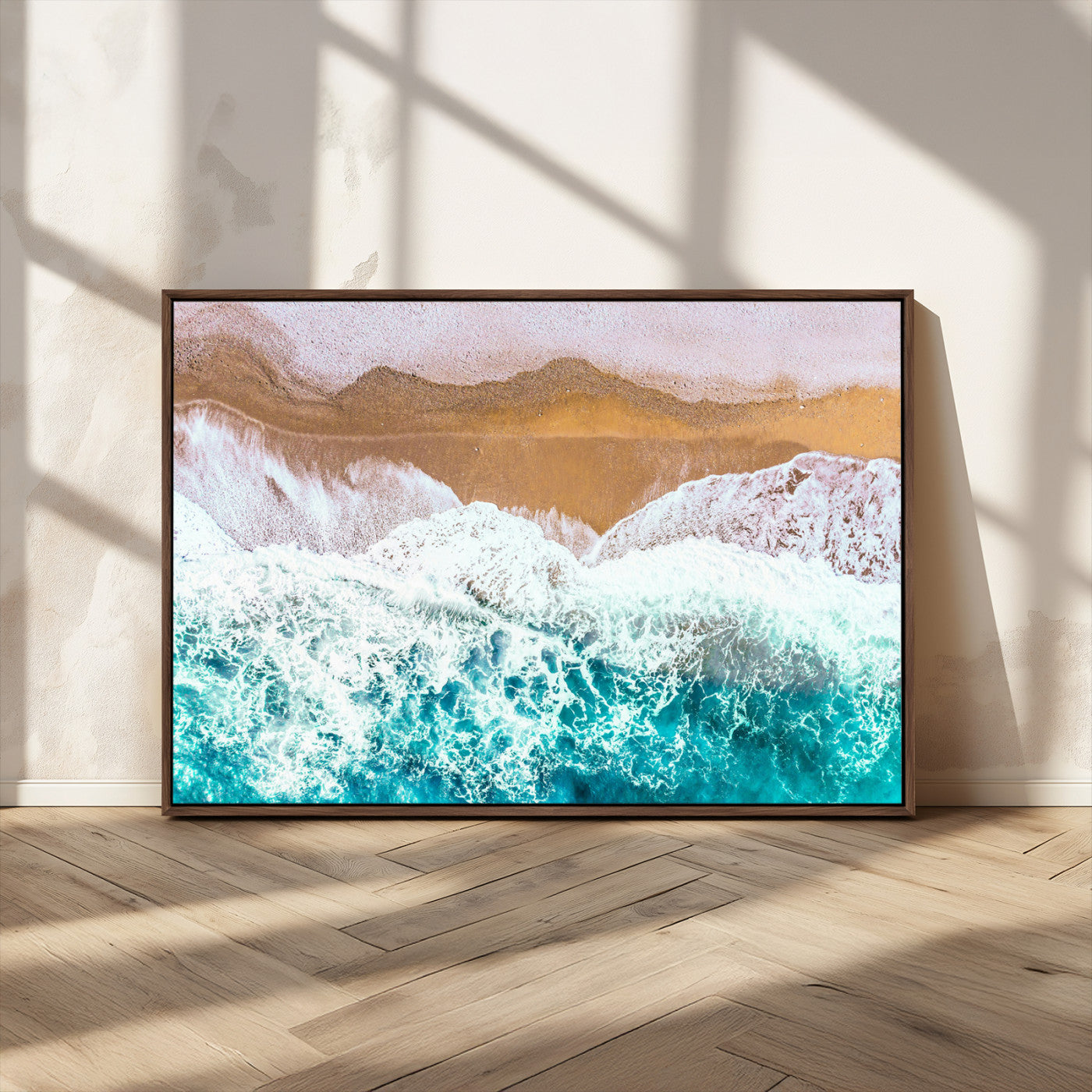 26870666-MGV-CV-36X24-Aerial Beach Wall Art Canvas Print, Framed Ocean Waves Art Picture Print, Coastal Landscape Perfect Coastal Minimalist Decor