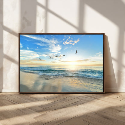 20708696-MGV-CV-36X24-Minimalist Seaside Wall Art Canvas Print, Framed Morning Glow Art Picture Print, Golden Reflections Perfect Coastal Minimalist