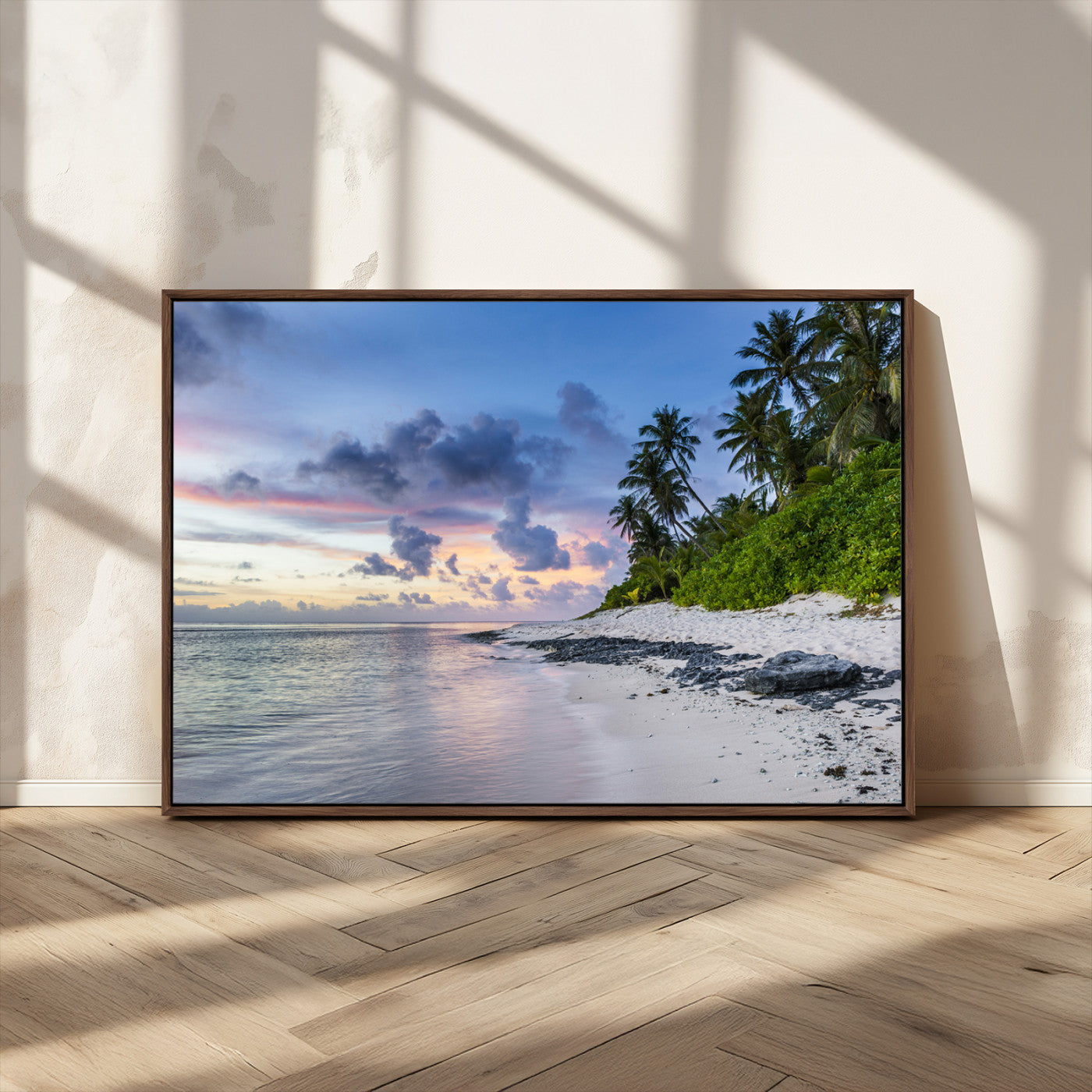 75045485-MGV-CV-36X24-Tropical Beach Wall Art Canvas Print, Framed Sunset Glow Art Picture Print, Palm Tree Coast Perfect Tropical Coastal Decor Artwork