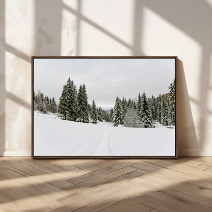 24581417-MGV-FC-36X24_Walnut-Frosty Pines Wall Art Canvas Print, Framed Silent Snowfall Art Picture Print, Cozy Cabin Vibes Perfect Nordic Minimalist Decor