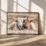 38651722-MGV-CV-36X24-Cow Wall Art – Rustic Longhorn Pair Canvas Print, Western Farmhouse Animal Painting, Country Ranch Decor for Living Room, Bedroom,