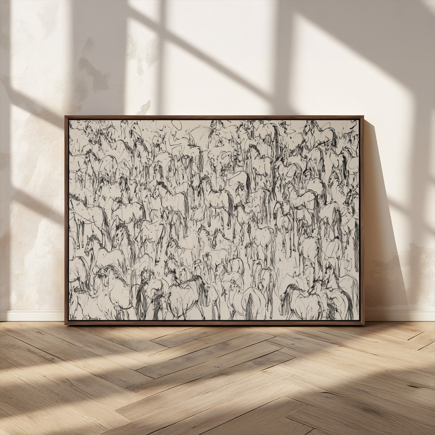 12358908-MGV-CV-36X24-Horse Herd Sketch Wall Art – Abstract Wild Horses Line Drawing Canvas Print, Rustic Western Style Equestrian Decor for Living