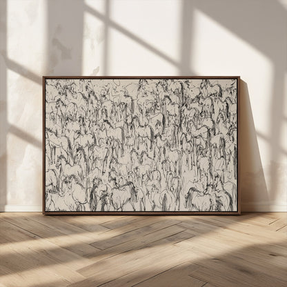 12358908-MGV-CV-36X24-Horse Herd Sketch Wall Art – Abstract Wild Horses Line Drawing Canvas Print, Rustic Western Style Equestrian Decor for Living