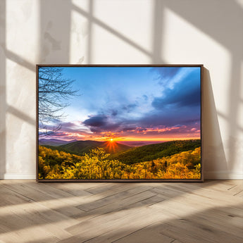 25786346-MGV-CV-36X24-Sunset Over Mountains Wall Art – Nature Landscape Canvas Print, Golden Hour Forest Photography, Scenic Sunrise Artwork for Living