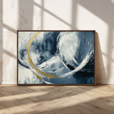 97295757-MGV-CV-36X24-Abstract Blue and Gold Wall Art – Modern Luxury Canvas Print, Navy White Brushstroke Painting, Contemporary Living Room Office