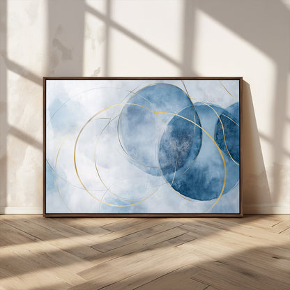 47060443-MGV-CV-36X24-Blue Abstract Circle Wall Art – Modern Gold and Navy Canvas Print, Minimalist Geometric Painting for Living Room, Bedroom, Office