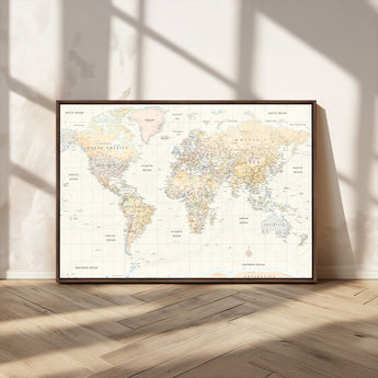 40660043-MGV-CV-36X24-World Map Wall Art – Large Detailed Atlas Style Map Print with Countries, Cities, and Oceans, Neutral Beige and Tan Educational