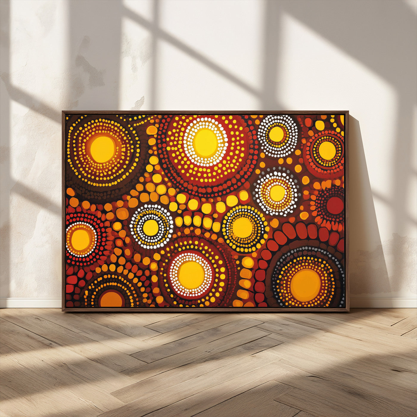 81120549-MGV-CV-36X24-Abstract Dot Painting Wall Art – Vibrant Tribal Boho Style Canvas Print with Sunburst Mandala Circles in Warm Red, Yellow, Orange