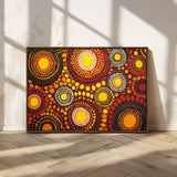 81120549-MGV-CV-36X24-Abstract Dot Painting Wall Art – Vibrant Tribal Boho Style Canvas Print with Sunburst Mandala Circles in Warm Red, Yellow, Orange
