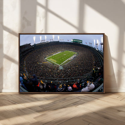 14387817-MGV-CV-36X24-Lambeau Field Stadium Wall Art – Green Bay Packers Game Day Canvas Print with Fireworks and Crowd – NFL Football Fan Man Cave