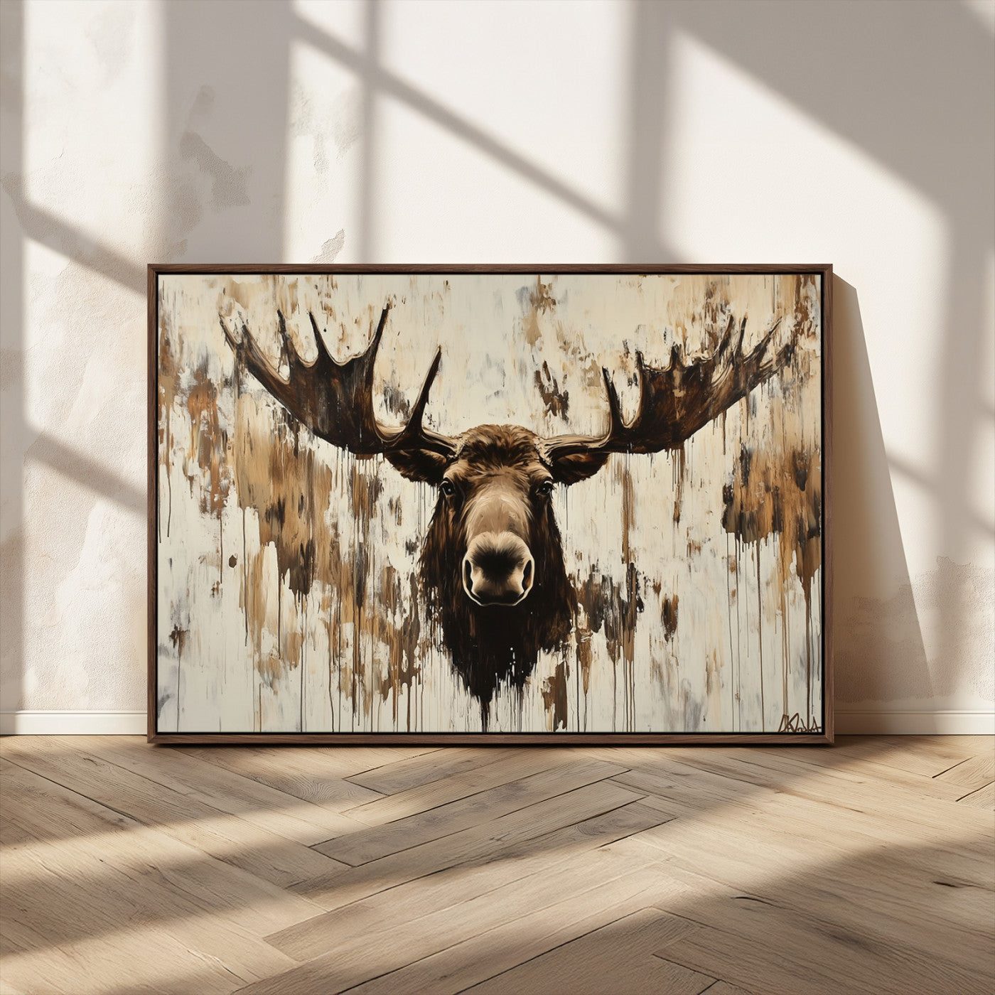 34496536-MGV-CV-36X24-Rustic Moose Wall Art – Modern Abstract Animal Canvas Print – Majestic Moose Head Painting with Neutral Earth Tones for Cabin,