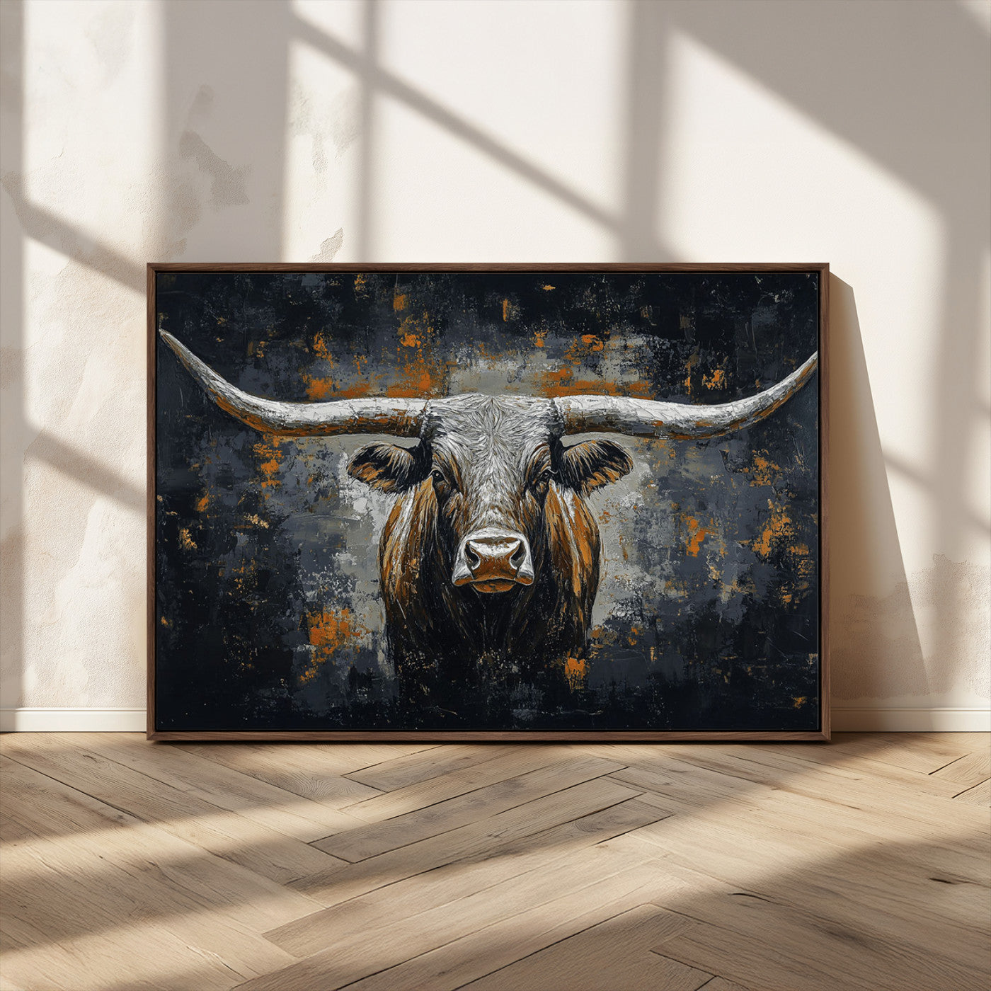 93195031-MGV-CV-36X24-Dark Longhorn Bull Wall Art – Western Steer Canvas Print, Moody Rustic Animal Painting for Man Cave, Ranch House, Office or Modern