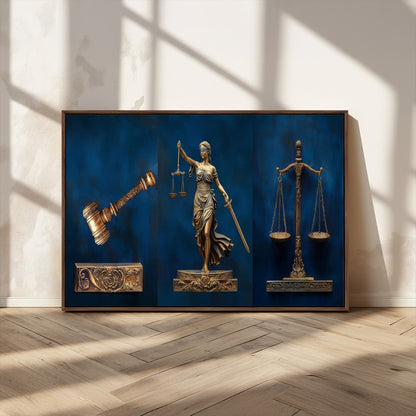 91629053-MGV-CV-36X24-Lady Justice Wall Art – Golden Gavel and Scales Canvas Print, Elegant Legal Office Decor for Lawyers, Judges, Courtroom or Study