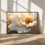 29539087-MGV-CV-36X24-Floral Wall Art – Elegant White and Gold Bloom Canvas Print, Romantic Modern Flower Artwork for Bedroom, Living Room, or Office