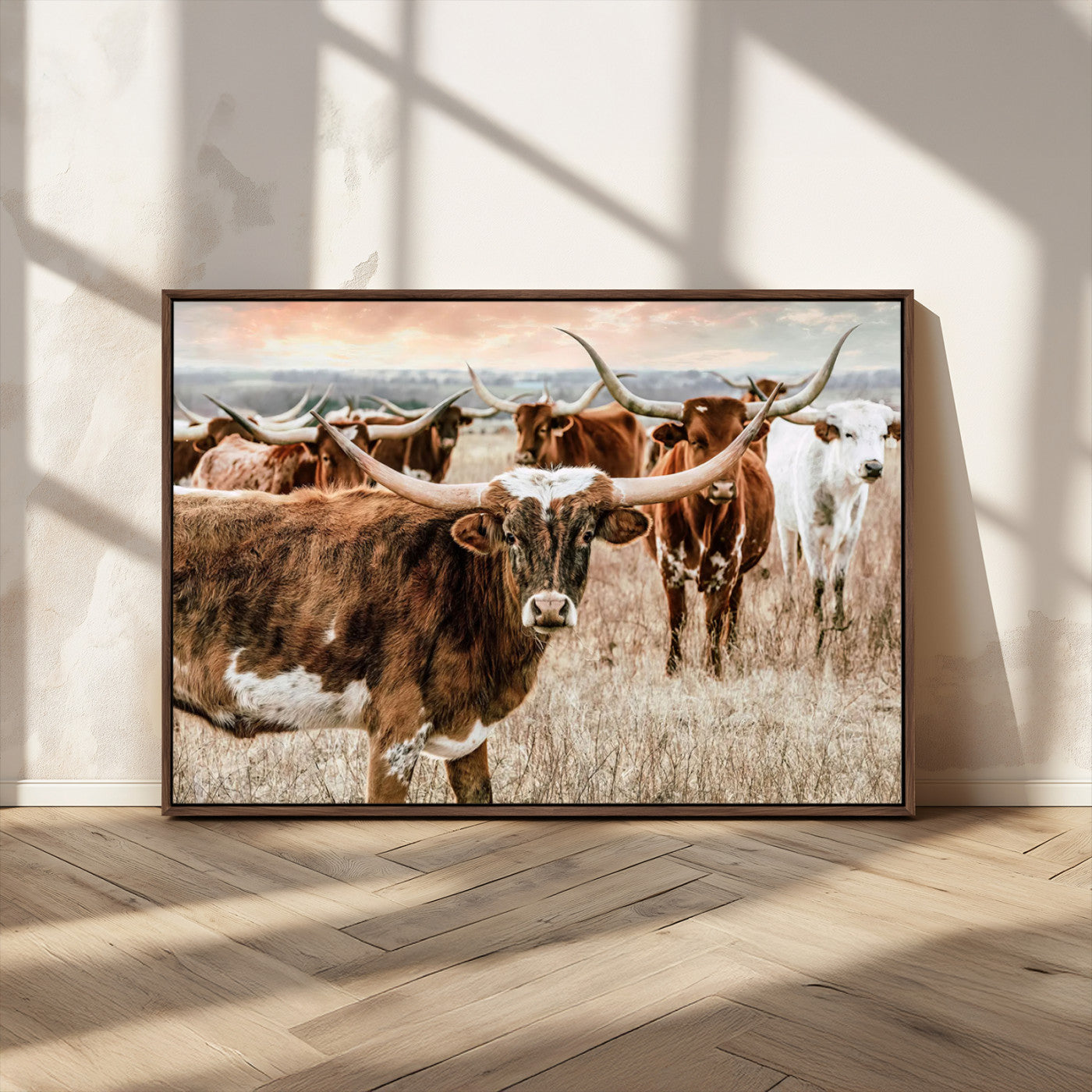 47758300-MGV-CV-36X24-Texas Longhorn Cattle Wall Art – Rustic Western Herd Canvas Print, Cowboy Ranch Farmhouse Decor for Living Room, Office, or