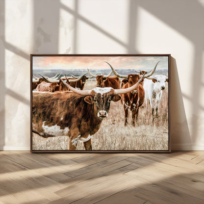 47758300-MGV-CV-36X24-Texas Longhorn Cattle Wall Art – Rustic Western Herd Canvas Print, Cowboy Ranch Farmhouse Decor for Living Room, Office, or